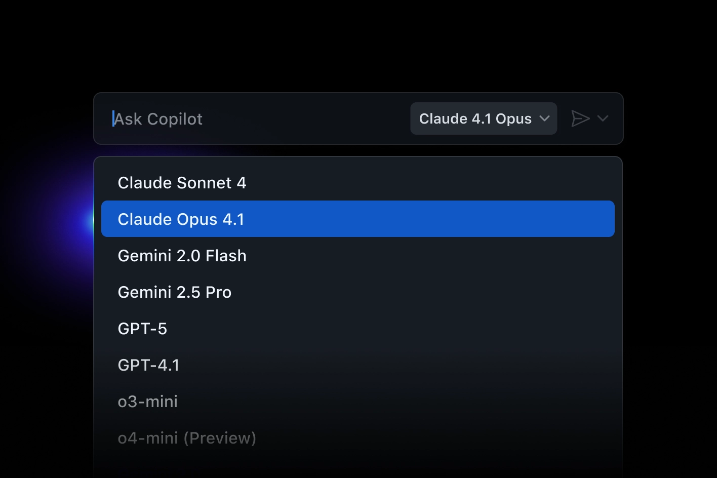A dropdown menu lists some of GitHub Copilot Chat’s available models like Claude Sonnet 4, Claude Opus 4.1, Gemini 2.0 Flash, Gemini 2.5 Pro, GPT-5, GPT-4.1, o3-mini, and o4-mini (Preview).