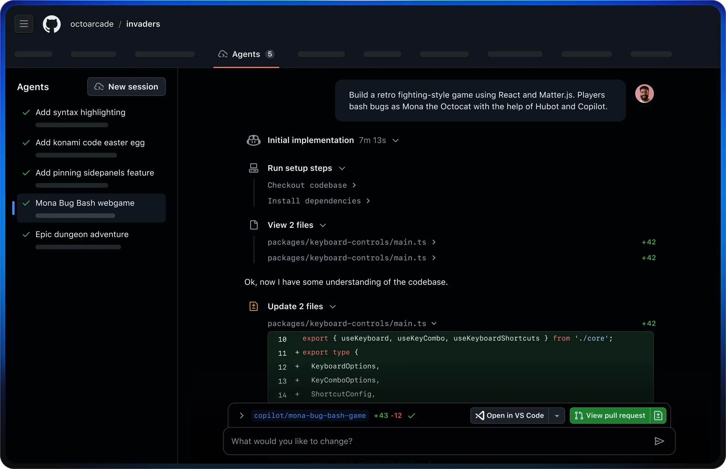 GitHub interface showing a user steer an agent to modify a pull request for adding syntax highlighting with summary and progress updates.