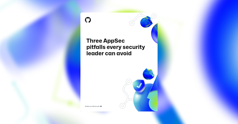 A landscape image with a light blurred background of various Security shapes and illustrations behind the foreground text. The text reads "Three AppSec pitfalls every security leader can avoid."