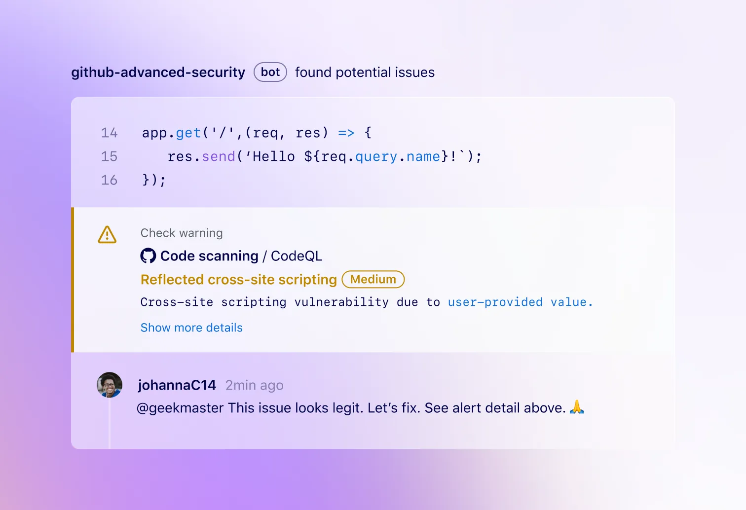 Code scanning results displaying a warning and a comment urging it to be fixed