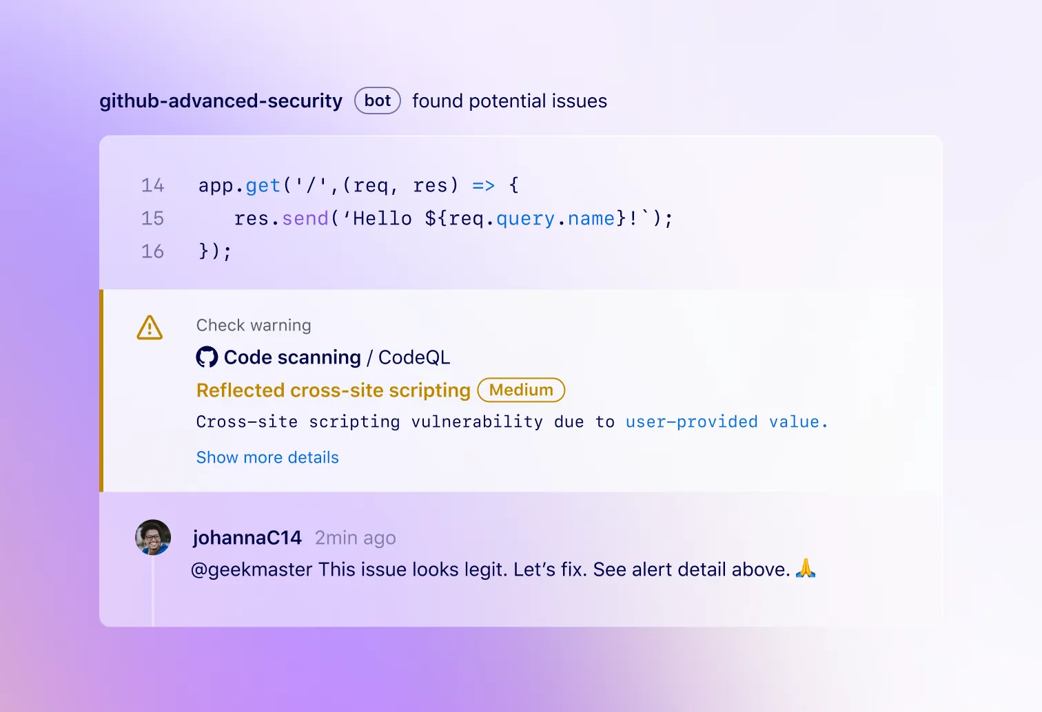  Code scanning results displaying a warning and a comment urging it to be fixed