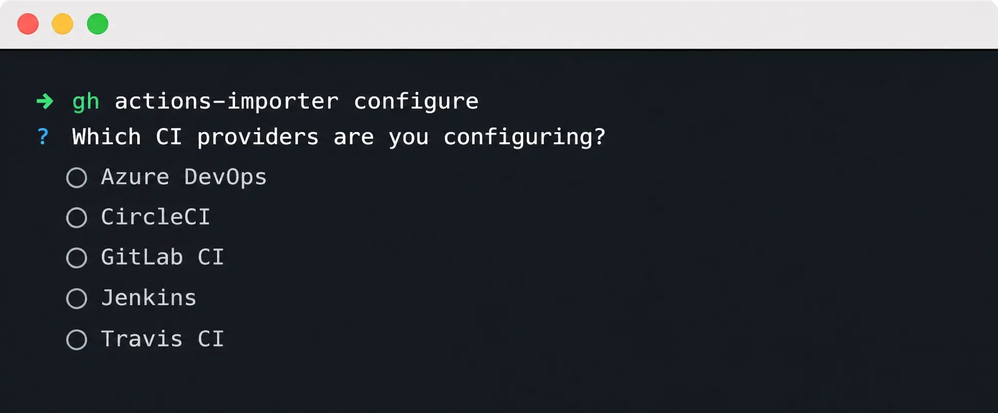 Text "Actions importer for CI CD Migration" and a CLI