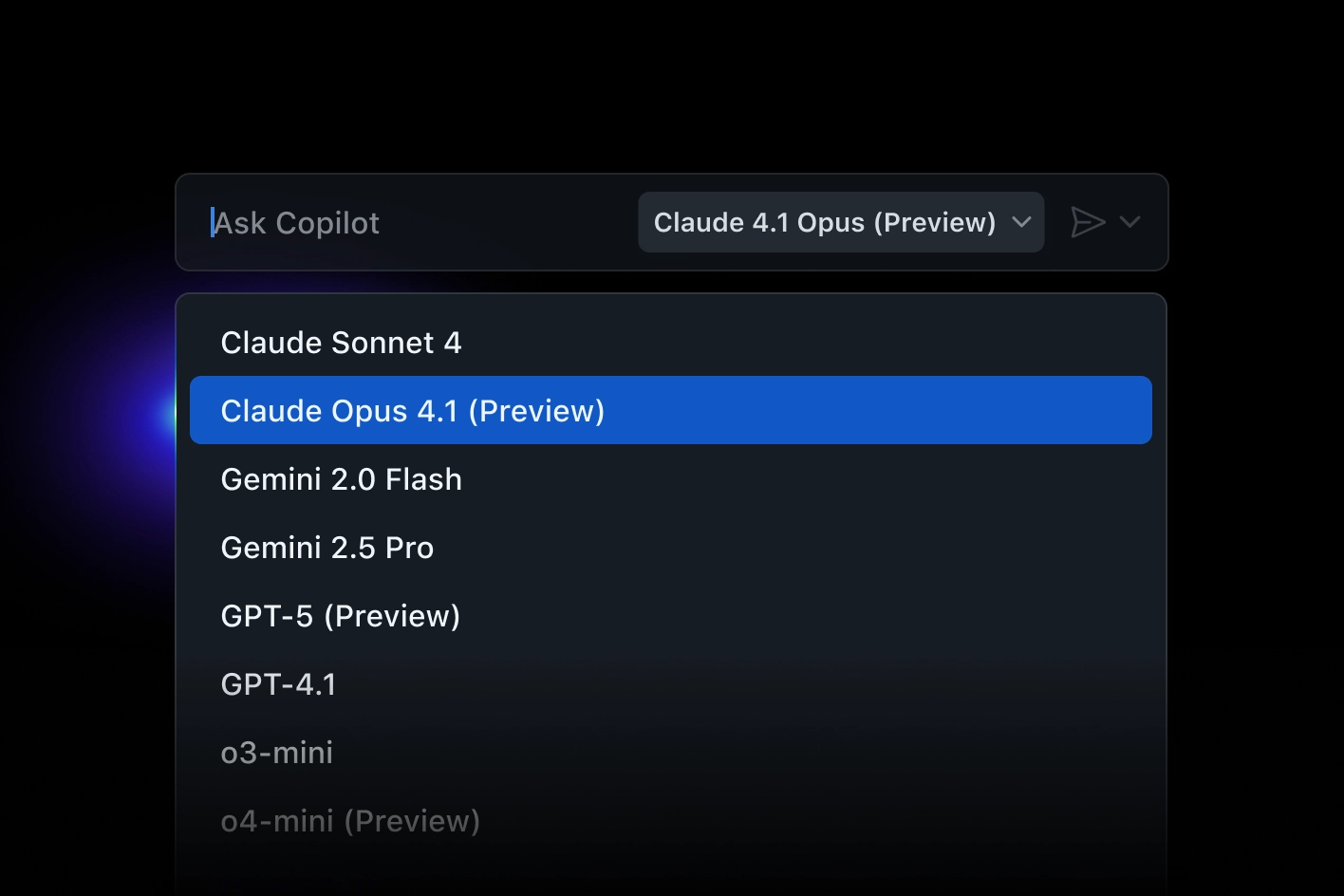 A dropdown menu lists some of GitHub Copilot Chat’s available models like Claude 3.5 Sonnet, Claude 3.7 Sonnet, Gemini 2.0 Flash, Gemini 2.5 Pro (Preview), GPT-4.1, o3 (Preview), o3-mini, and o4-mini (Preview).