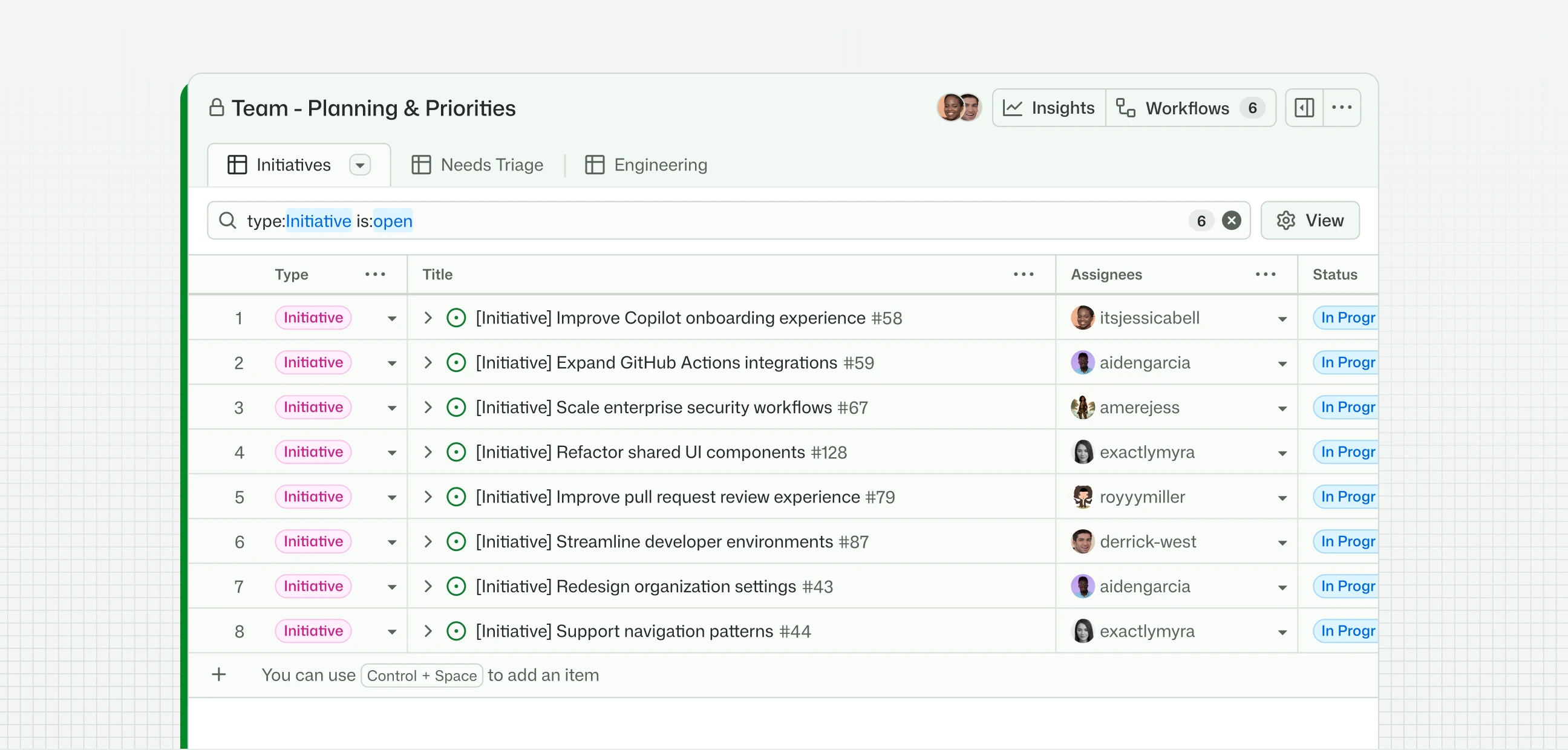 GitHub Projects table tracking team initiatives with issue titles, assignees, and in-progress statuses.