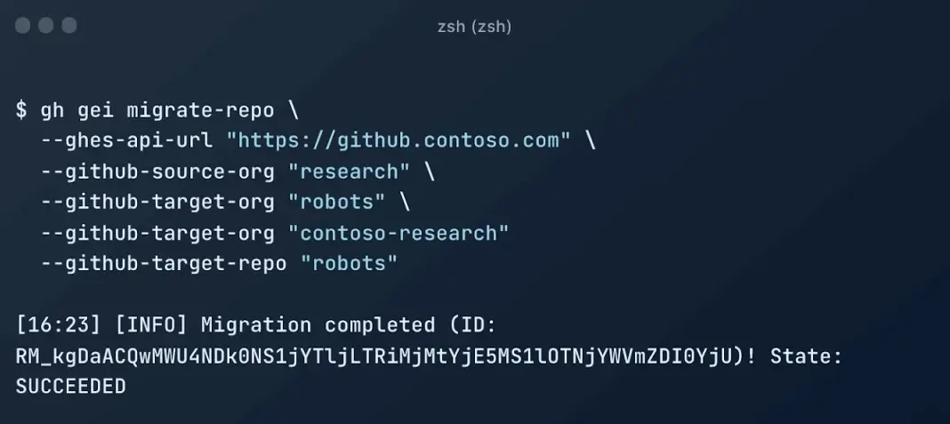 Command line showing completed migration