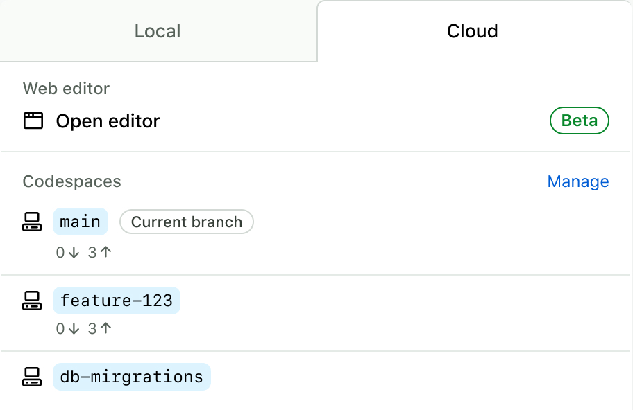 A GitHub Codespaces environment selector