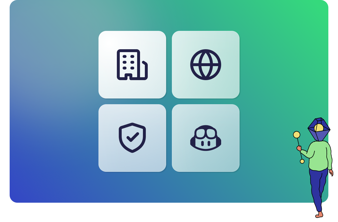  4 squares displaying icons including a building,  globe, shield, and robot head