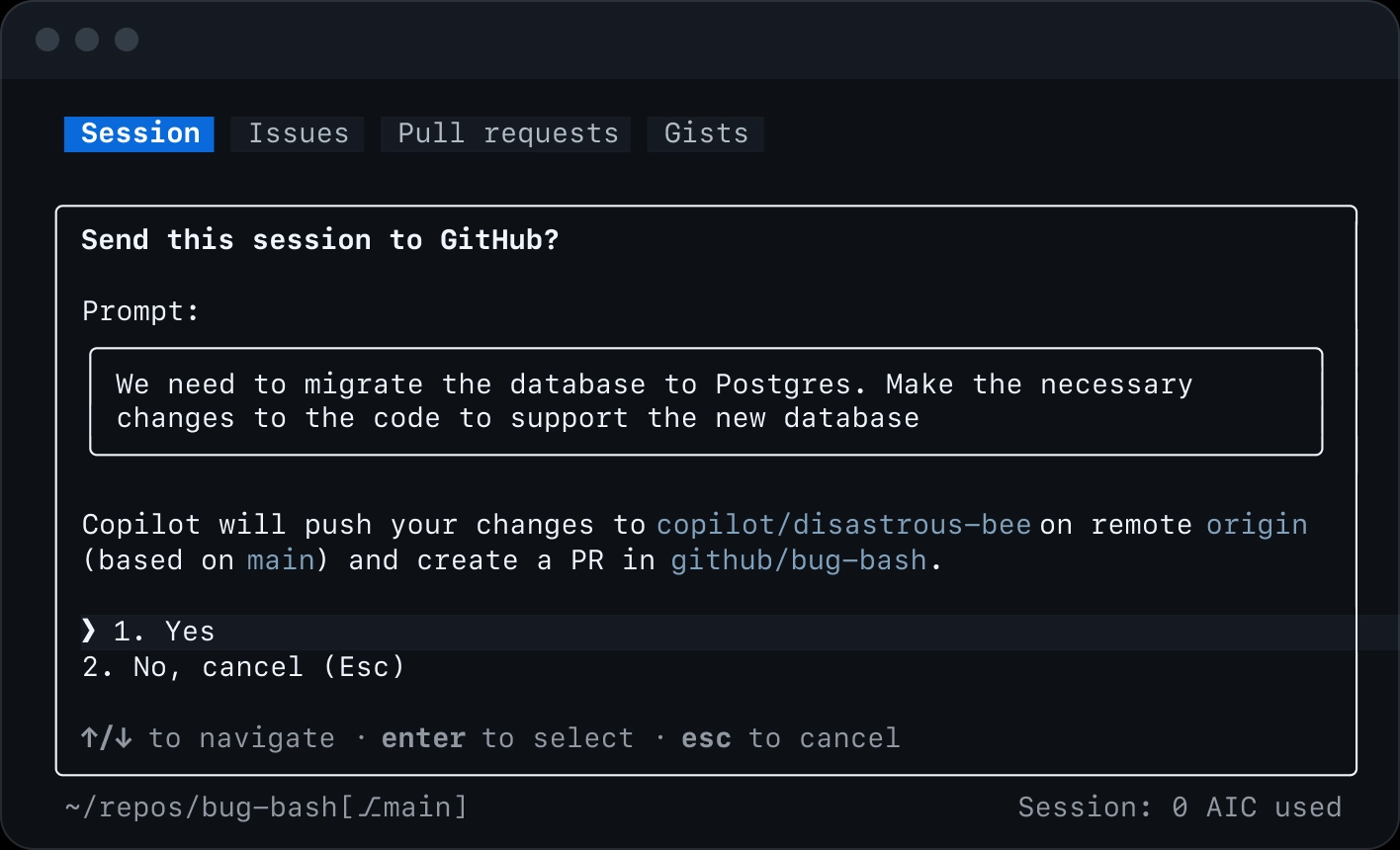 Terminal prompt asking whether to send a session to GitHub, showing a migration message and Yes/No options.