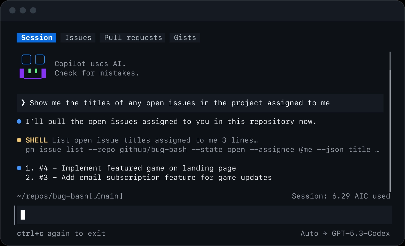 Screenshot of a terminal where an AI assistant displays two assigned GitHub issues: #4 'Implement featured game on landing page' and #3 'Add email subscription feature for game updates.' A command prompt waits for input below.