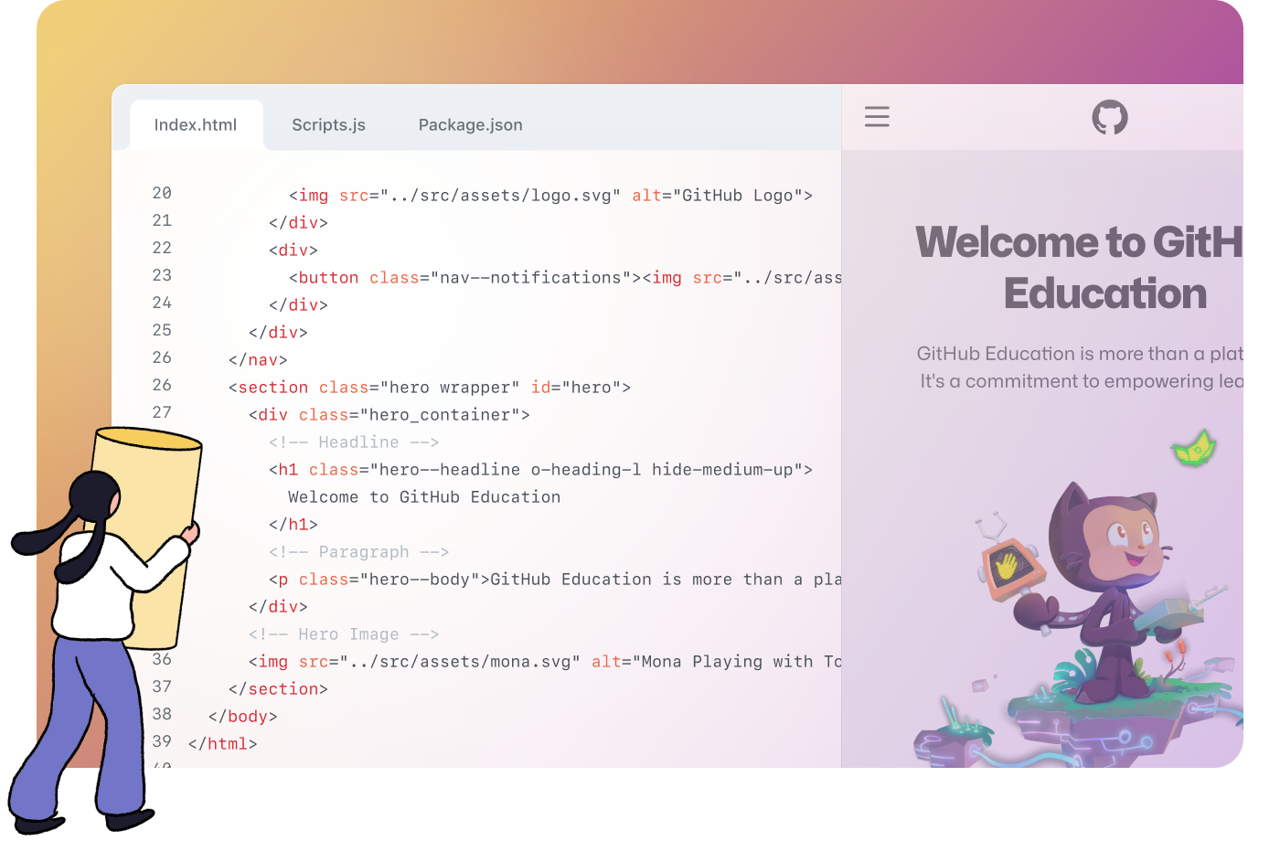 Cartoon person looking at code and webpage with text "Welcome to GitHub Education"