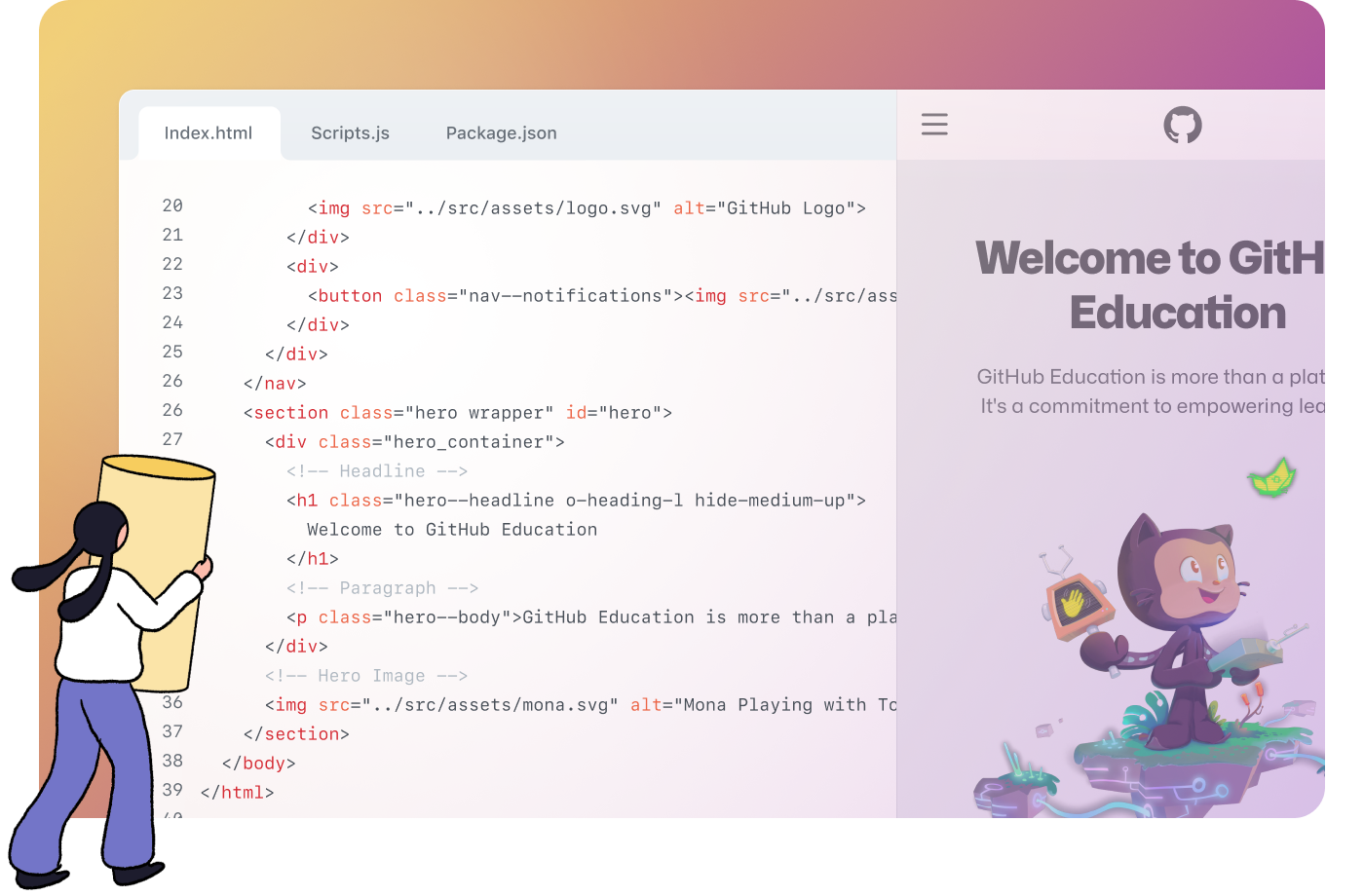  Cartoon person looking at code and webpage with text "Welcome to GitHub Education"