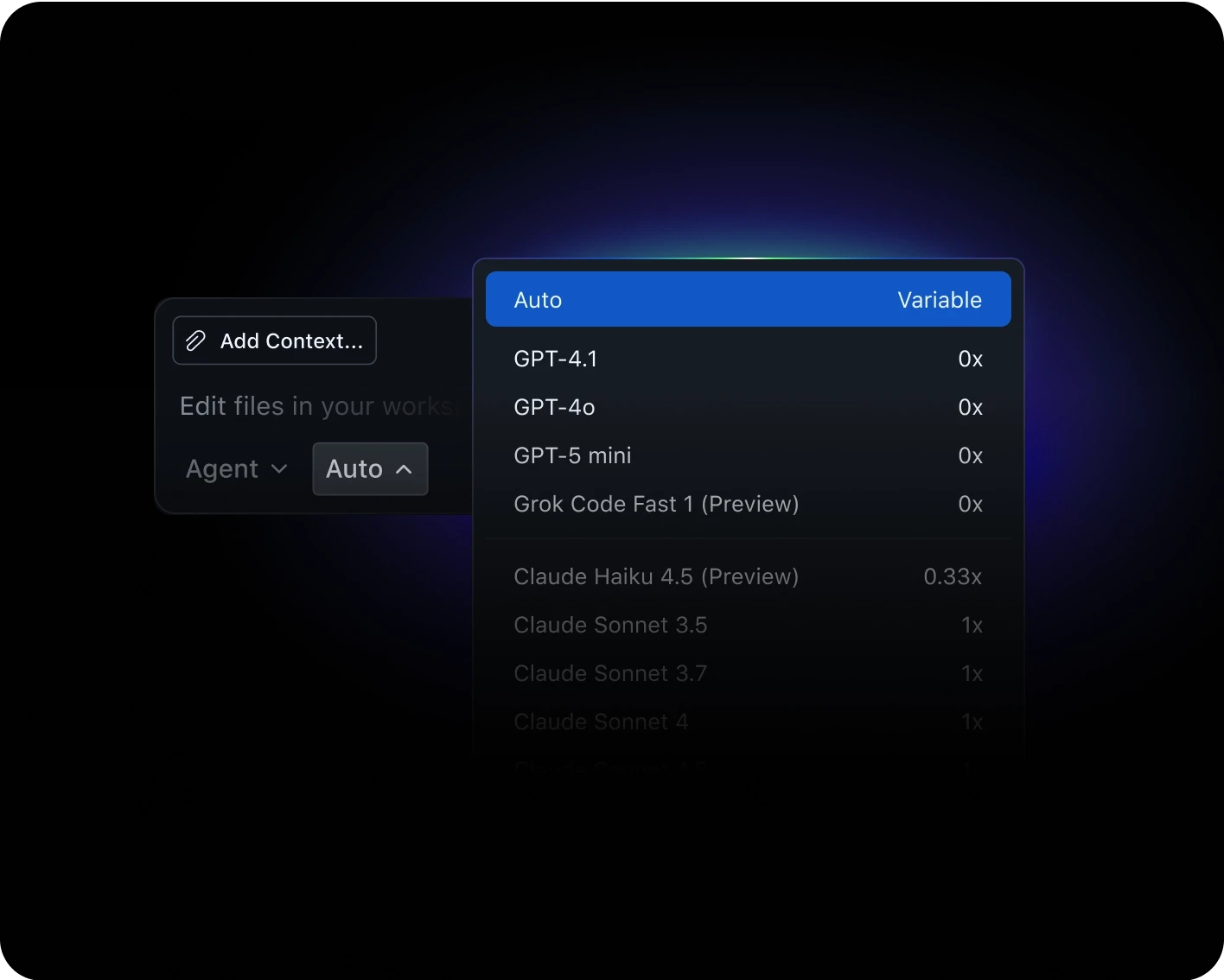 GitHub Copilot model selection interface showing Auto and multiple available models.