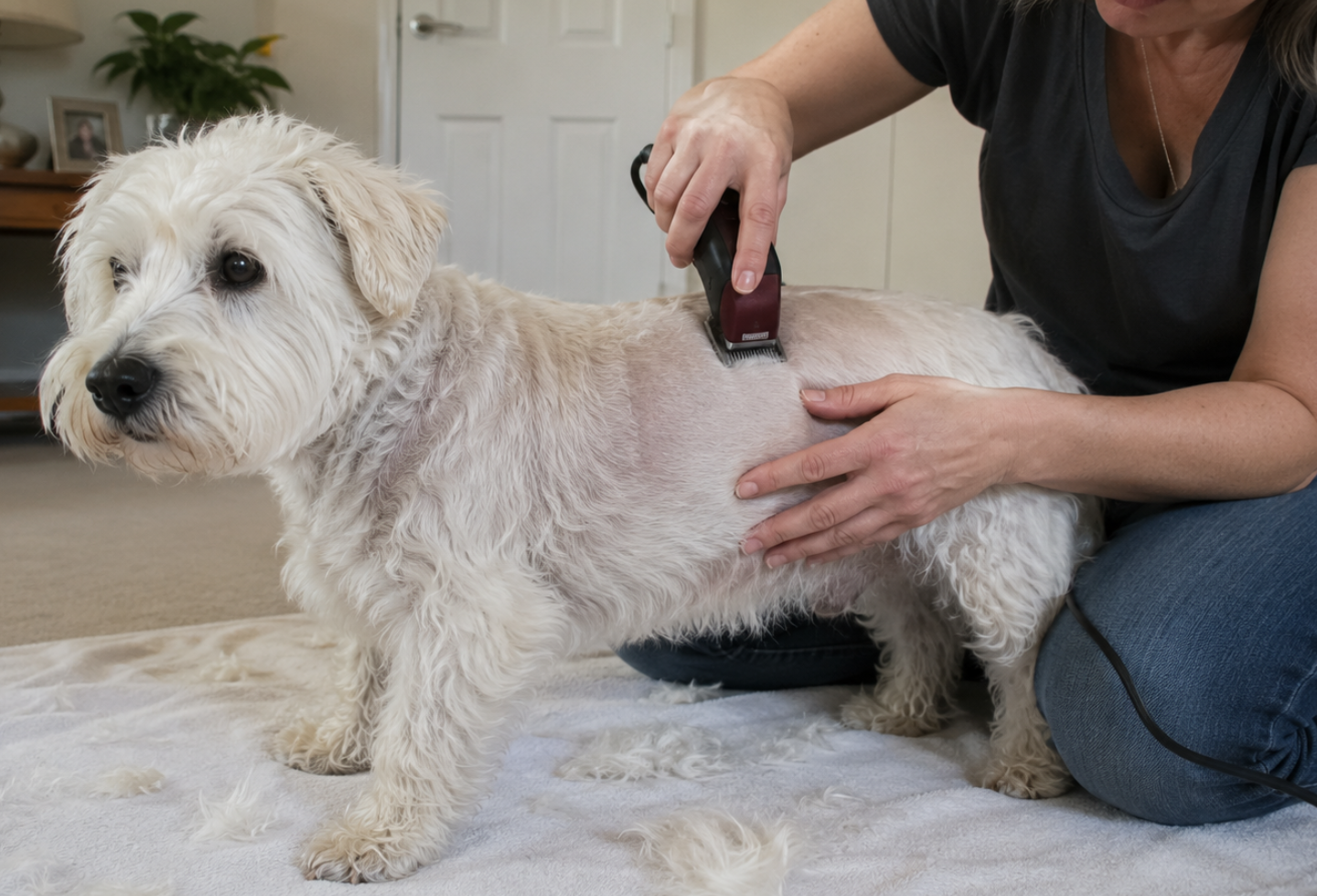 white terrier dog getting shaved by owner in home
