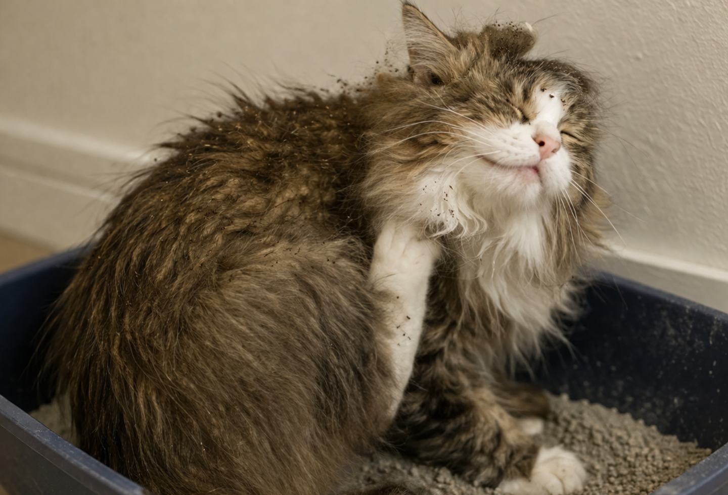 Flea ridden cat in litter tray - Kill fleas with Itch Flea
