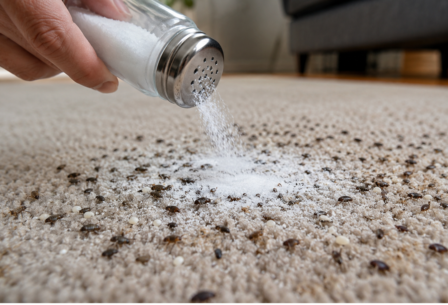 Table salt being poured on carpet full of fleas and flea eggs
