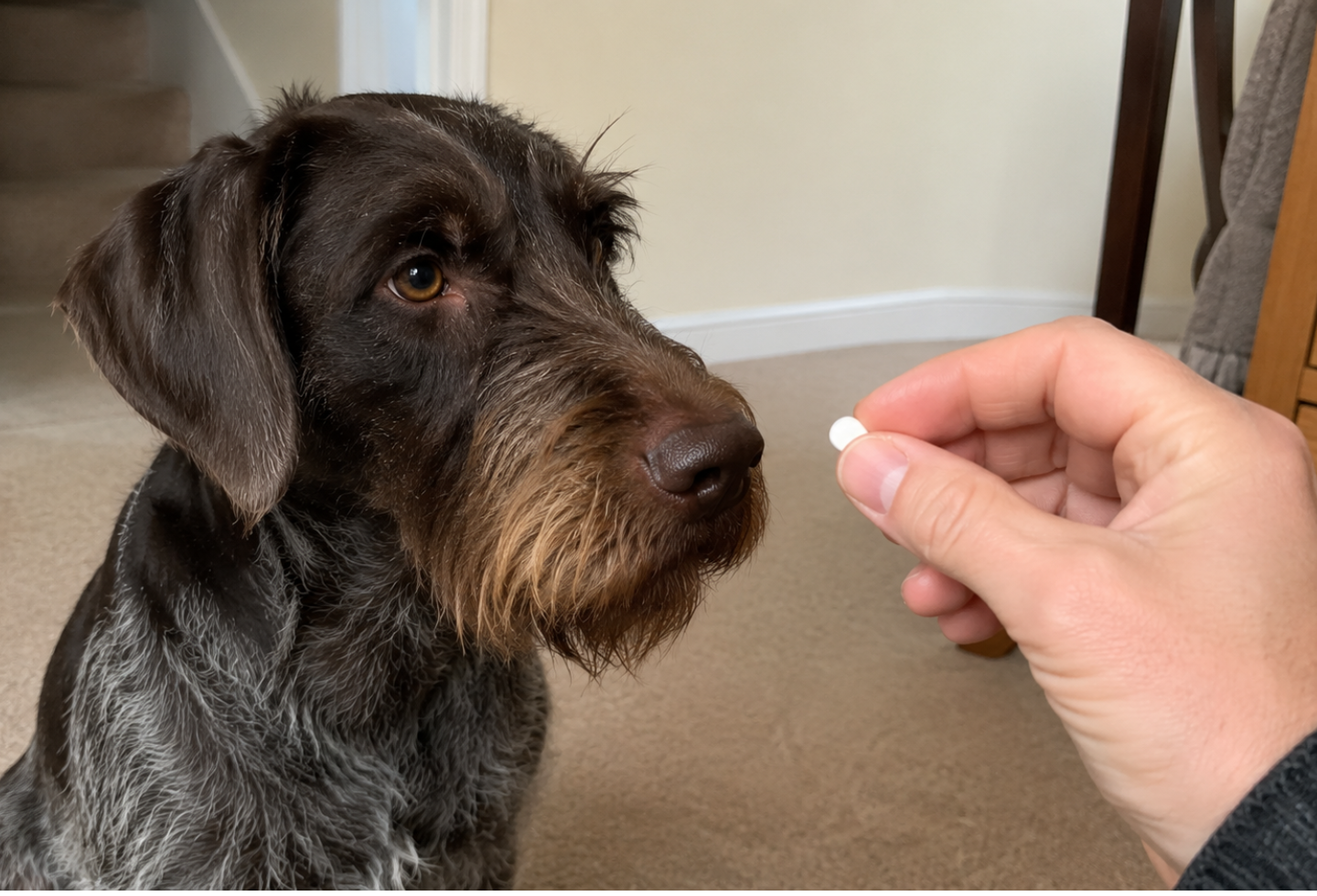 Brown wire haired dog sat being given a small dewormer pill tablet by owner