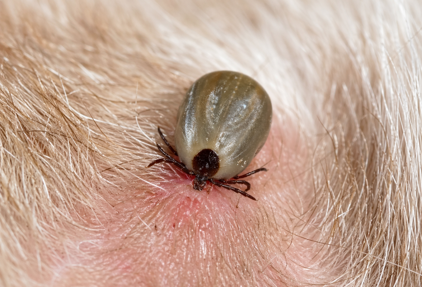 Engorged tick biting skin with pet fur around it