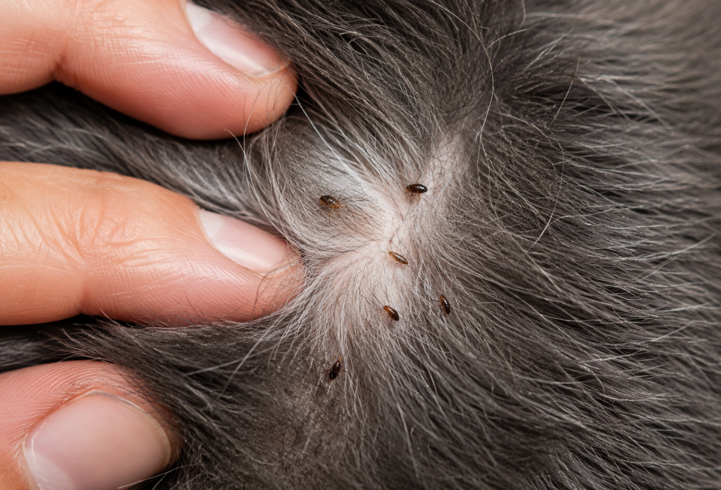 Fingers brushing through cat fur to show fleas biting cat skin