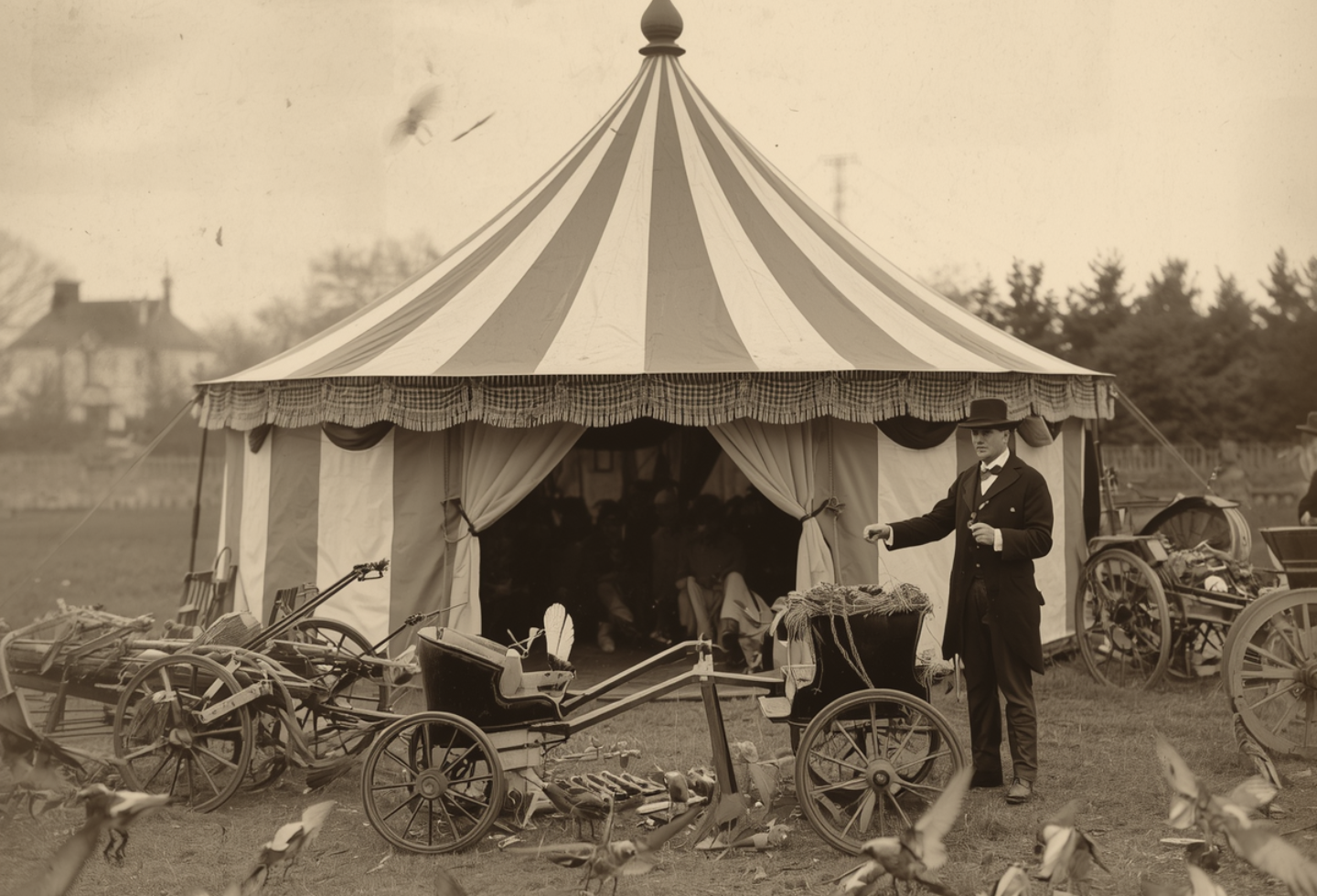 Black and white image of circus with man in suit and top hat
