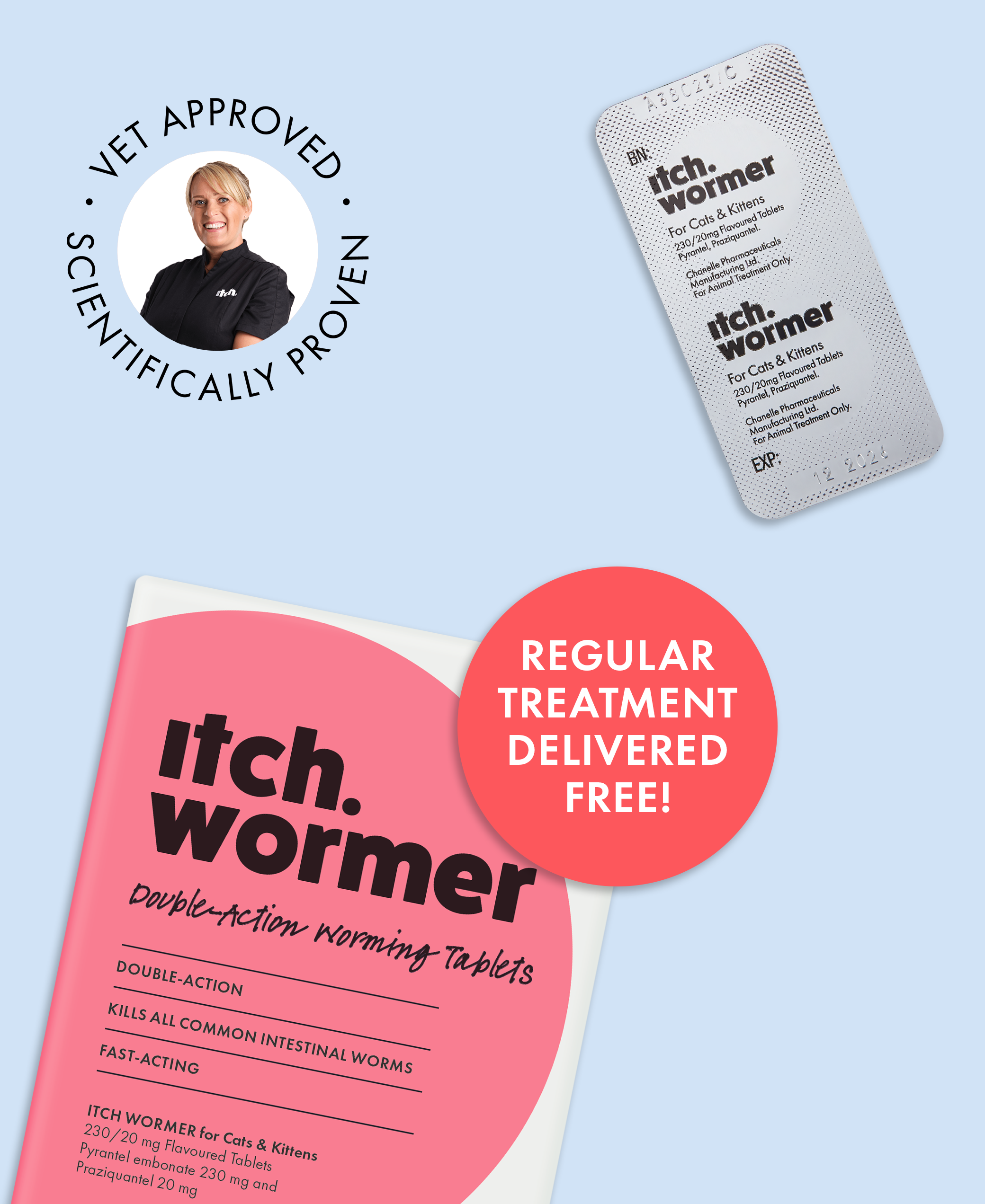 Free delivery on Itch Wormer Tablets for Cats. Worming treatment box with tablet blister pack & Itch Vet approval stamp