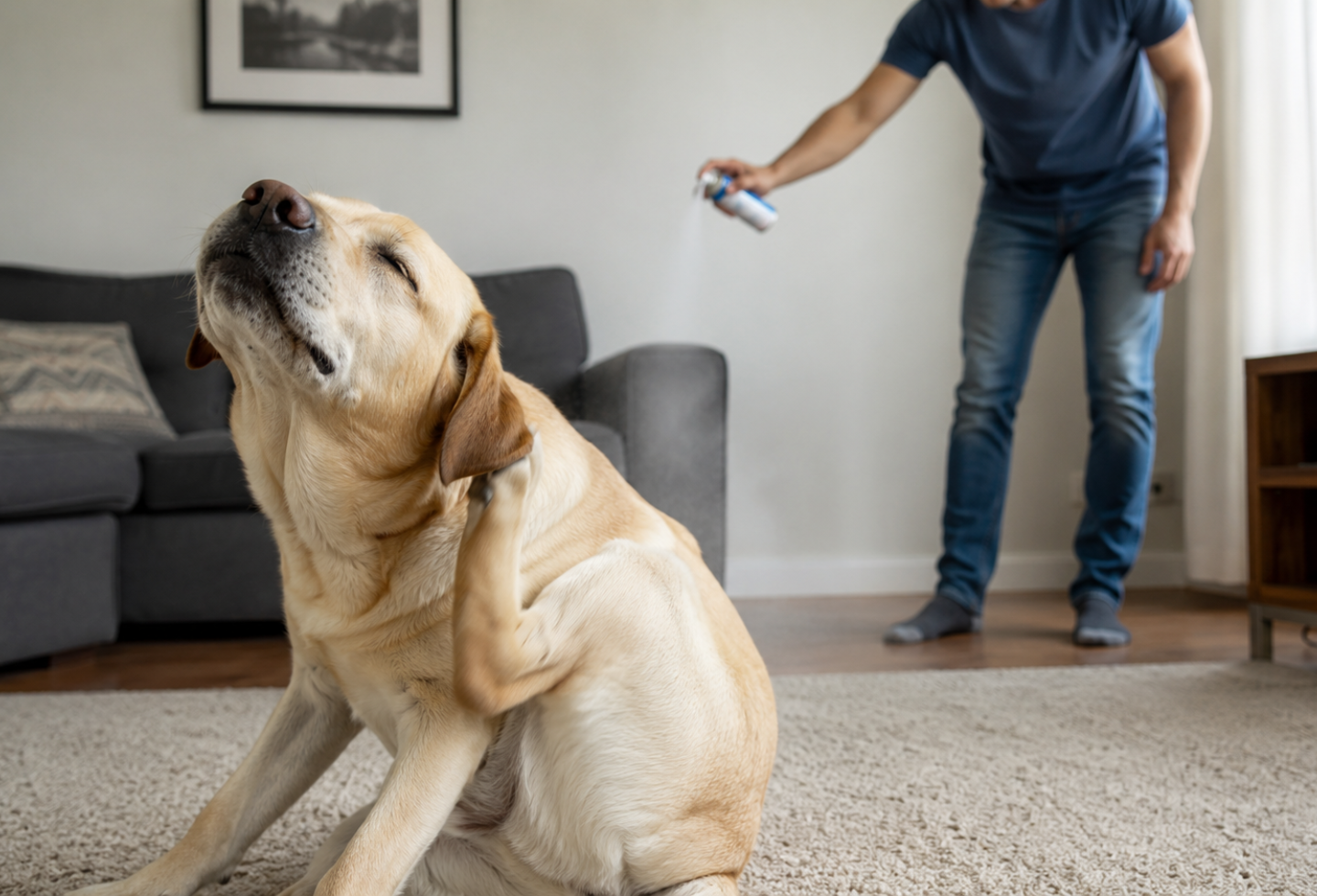 Dog in foreground itching with fleas and man in background spraying sofa with flea spray