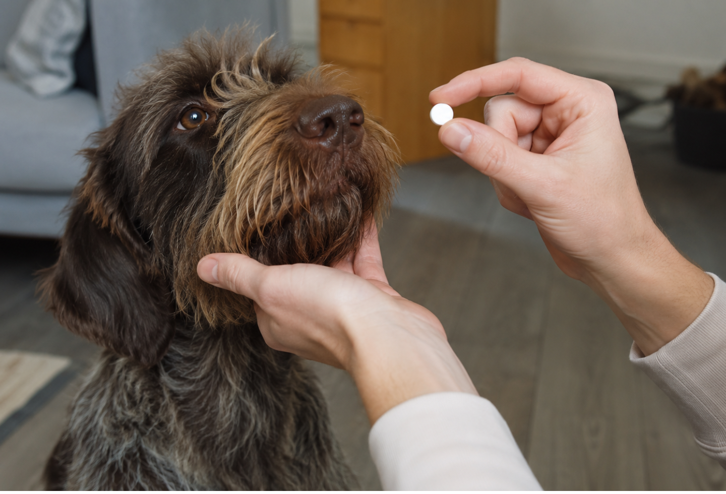 Wire-haired dog being fed a white small pill Itch worming tablet for dogs