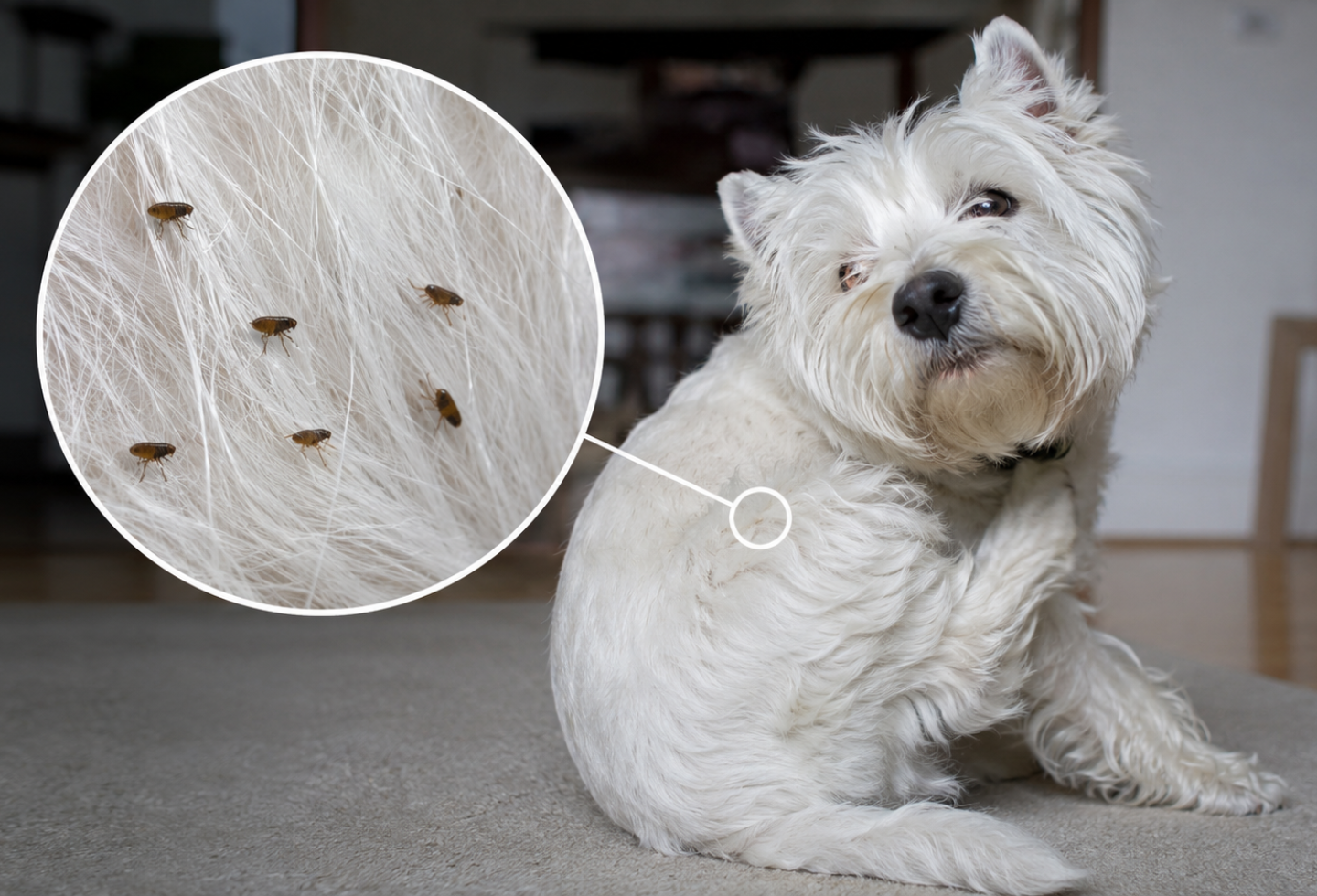 White west highland terrier dog scratching with fleas in fur