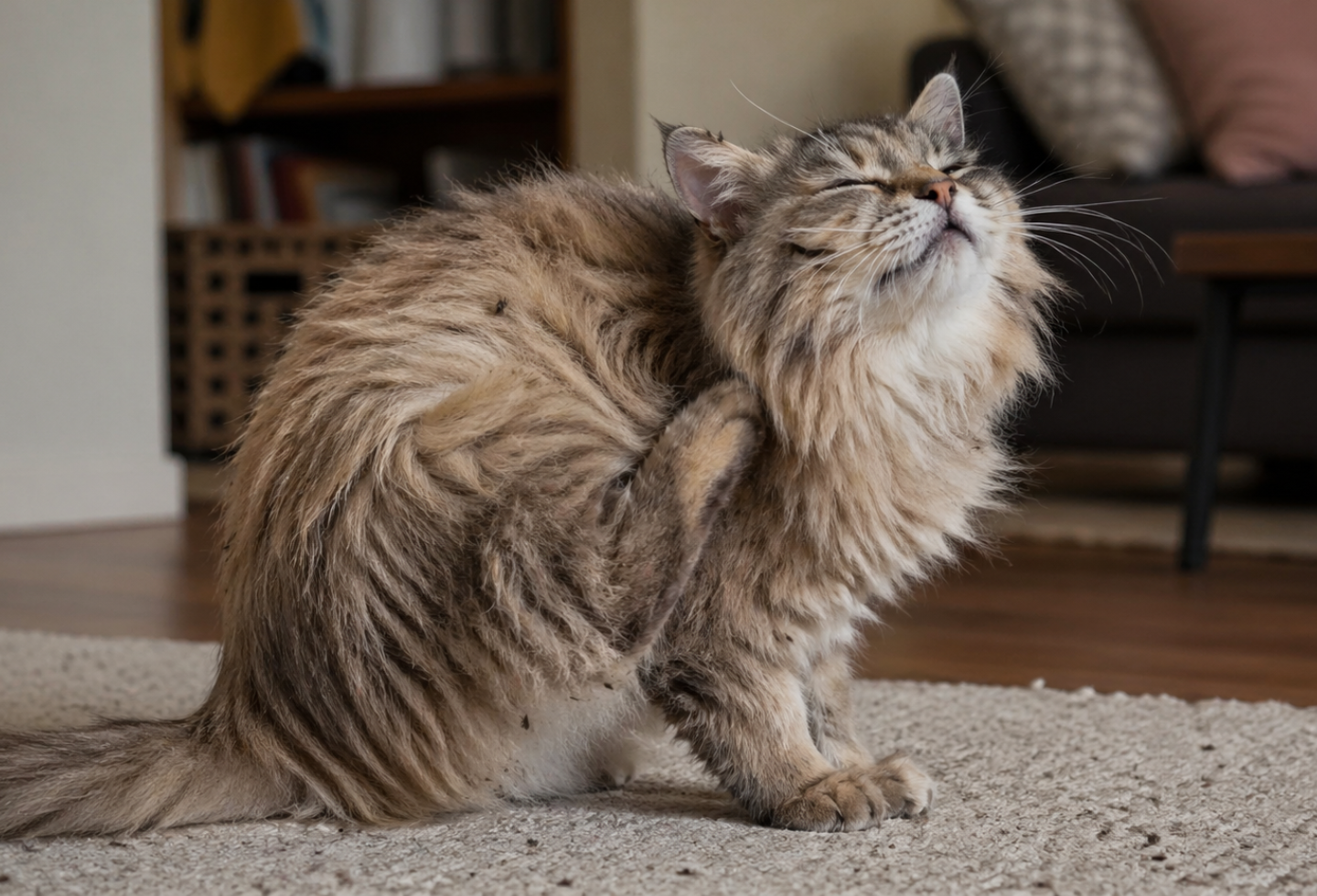 Fluffy brown cat with fleas scratching itself sat on a rug