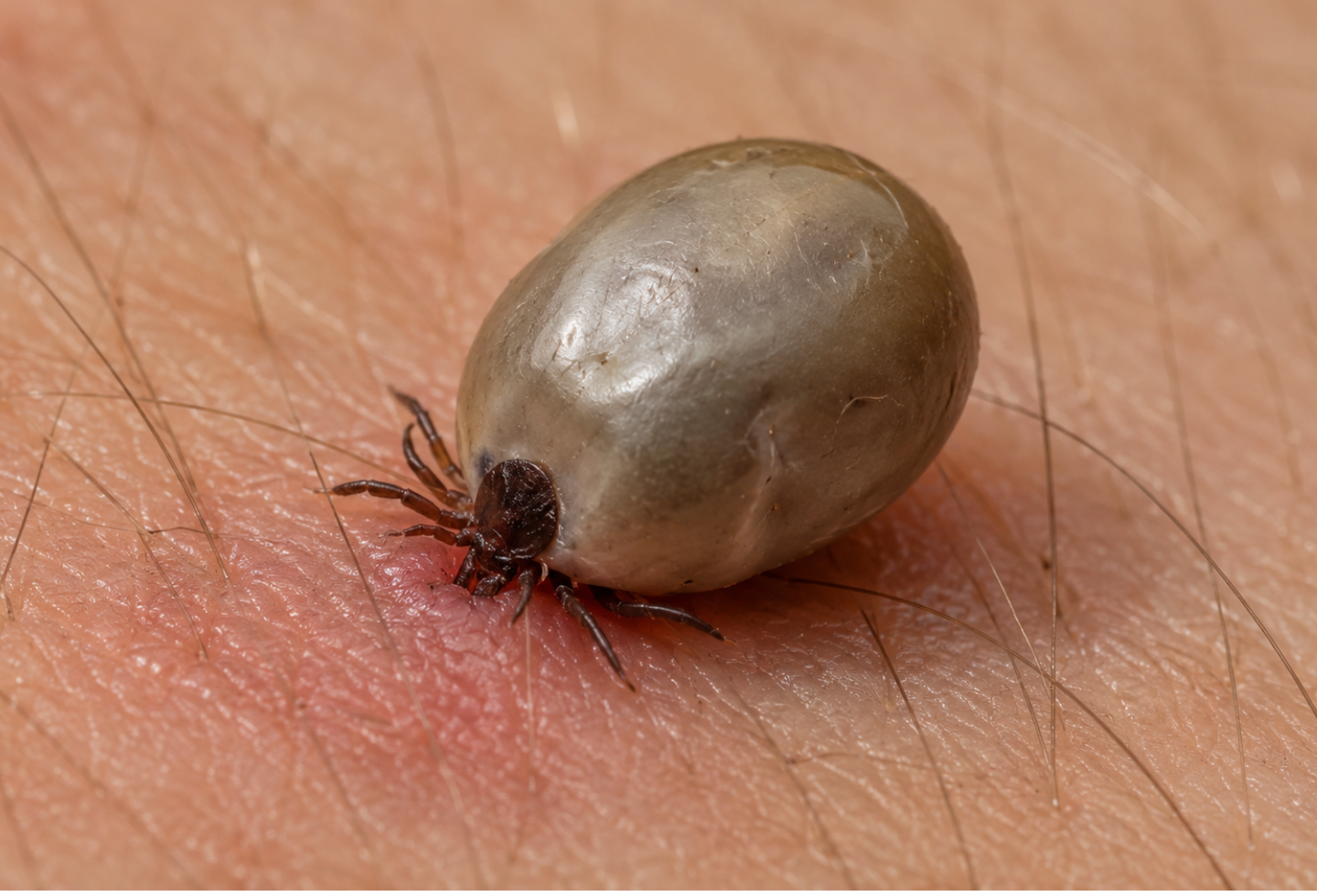 AI generated image of close up engorged tick latched onto human skin