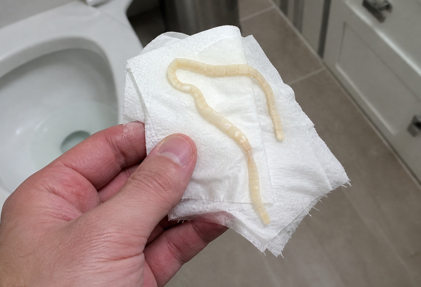 Human hand holding a tissue with a tapeworm on it in a bathroom