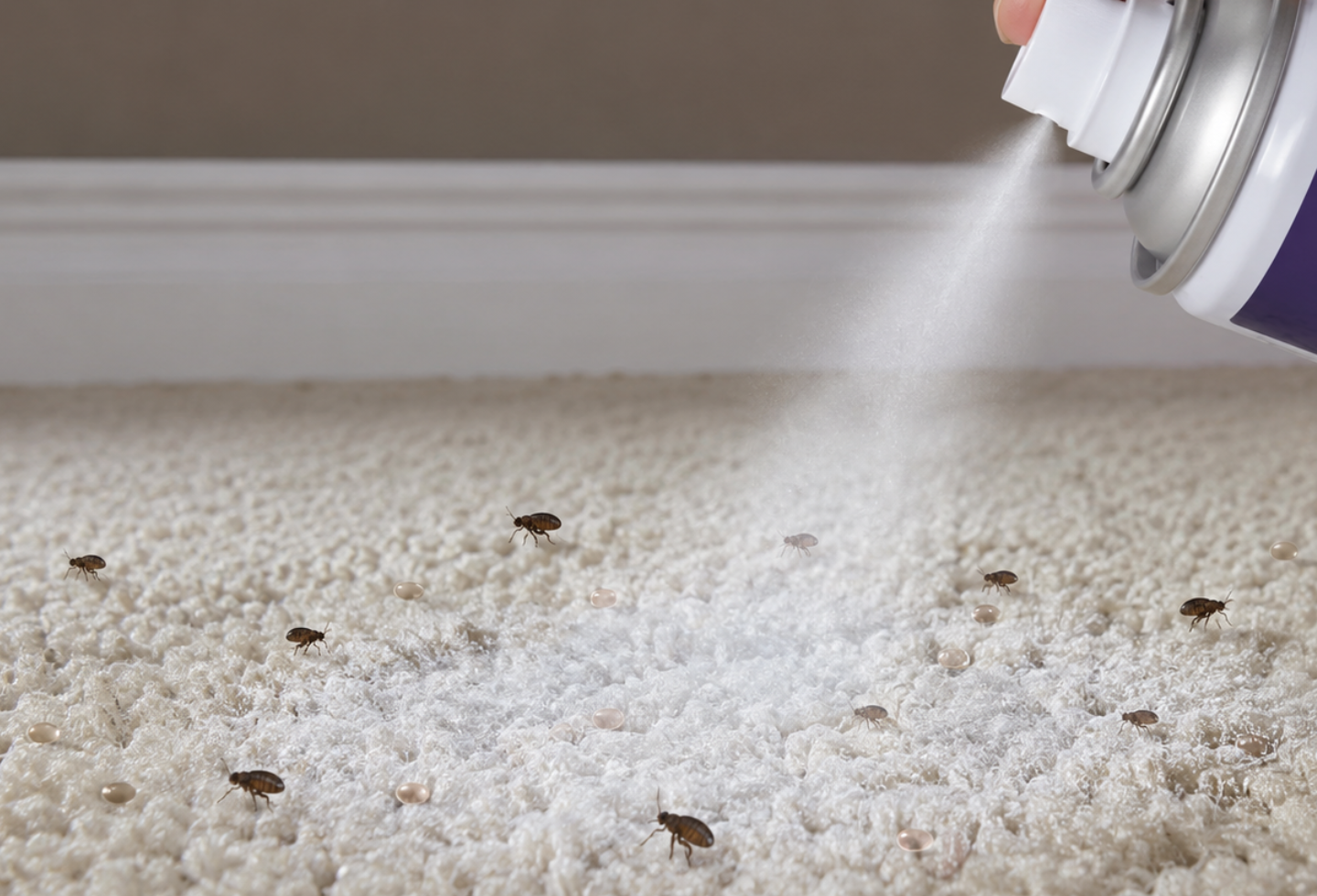Adult fleas and flea eggs on a carpet being sprayed by can of flea treatment