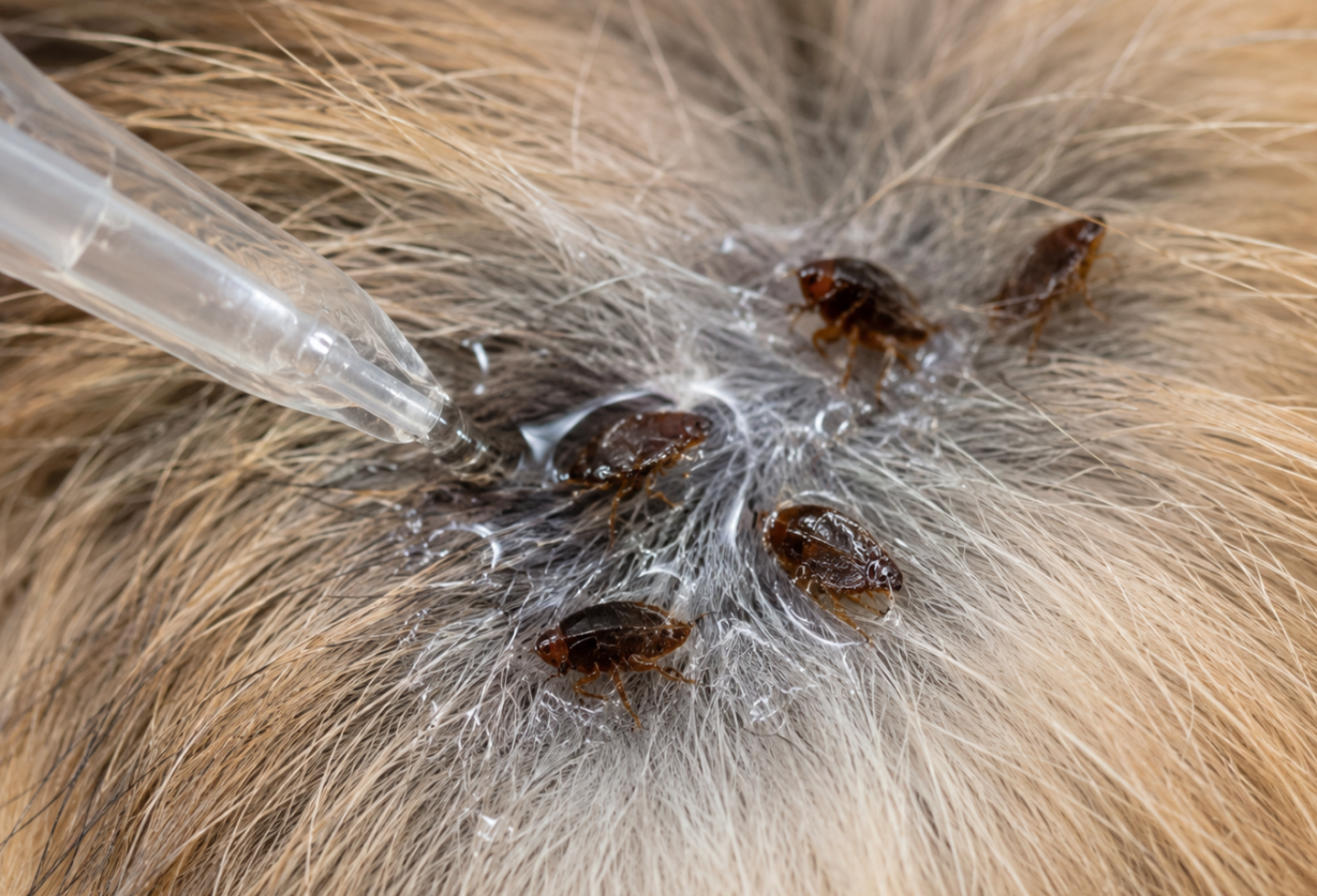 Fleas in dog fur being killed by effective spot on flea treatment, Itch Flea for cats and dogs