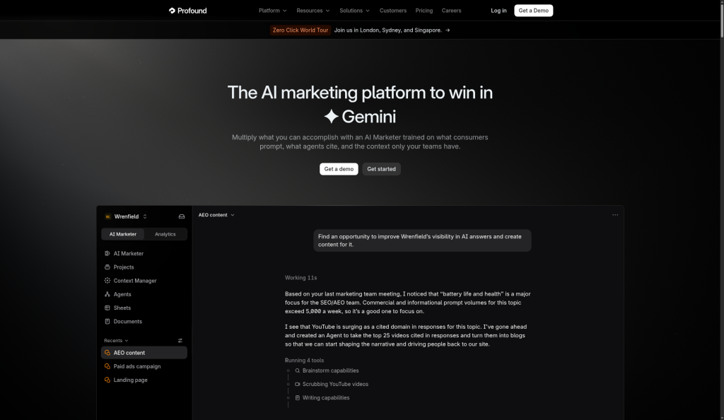 Screenshot of the Profound homepage