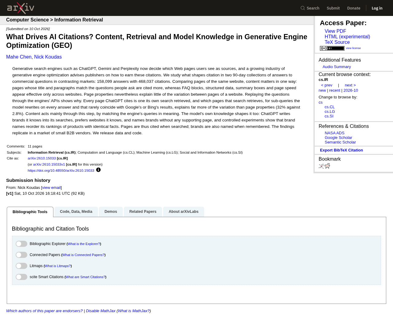 Screenshot of the University of Toronto paper on arXiv about what drives AI citations