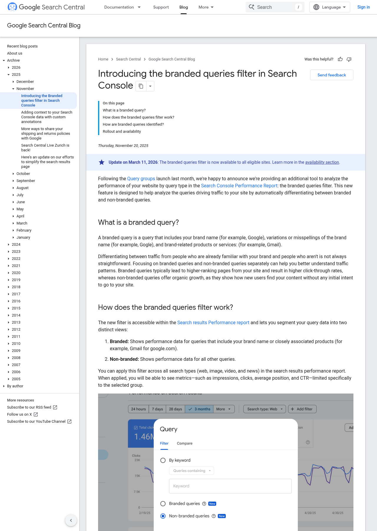Google Search Central Blog post: Introducing the branded queries filter in Search Console