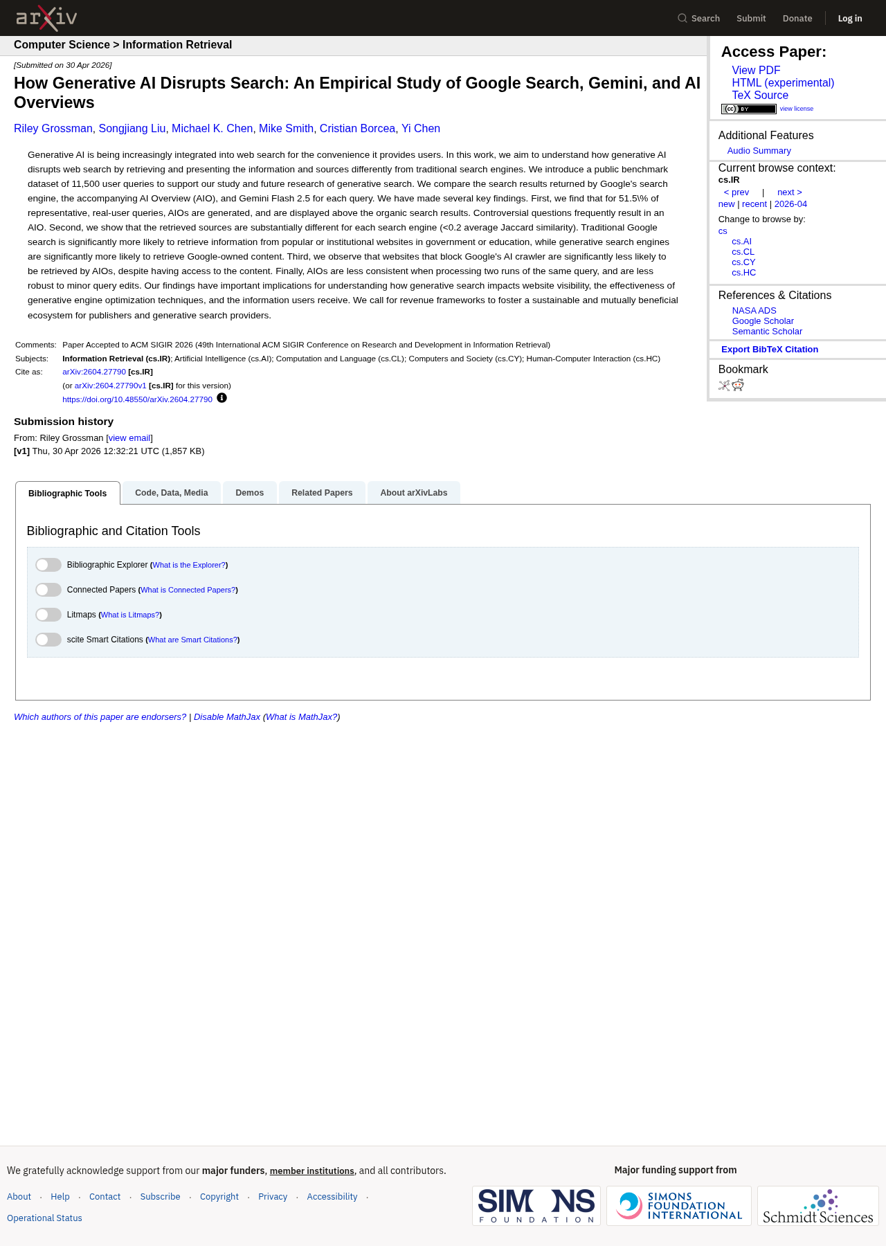 arXiv listing: peer-reviewed study of AI Overviews in Google Search, posted April 30, 2026
