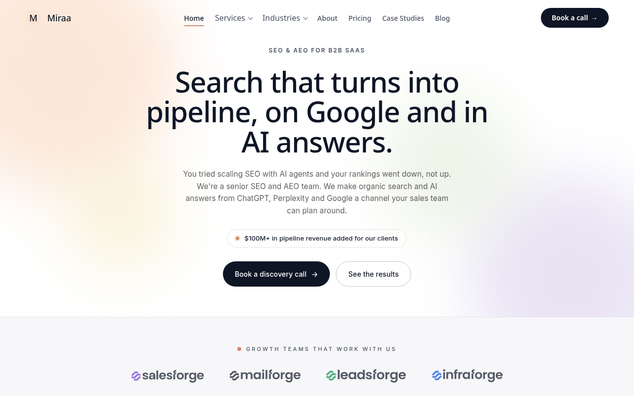Screenshot of the Miraa homepage