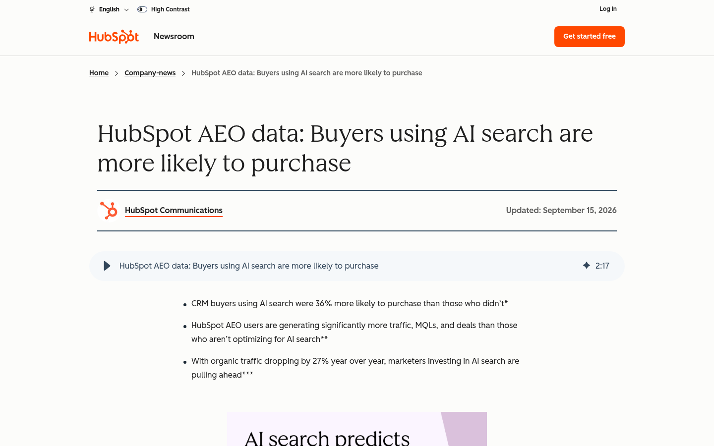 HubSpot newsroom post: HubSpot AEO data: Buyers using AI search are more likely to purchase