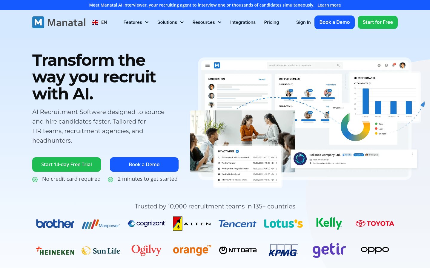 Screenshot of the Manatal homepage