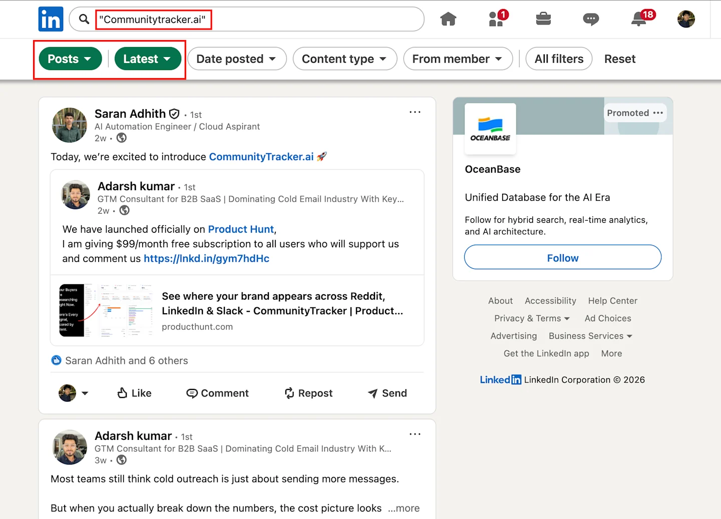 Linkedin Search Screenshot showing latest and post filters
