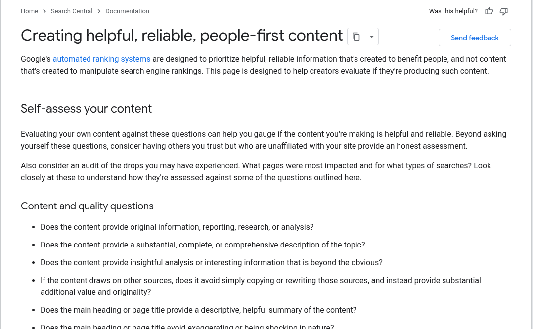 Google Search Central page on creating helpful content, with the question asking whether content provides original information, reporting, research or analysis