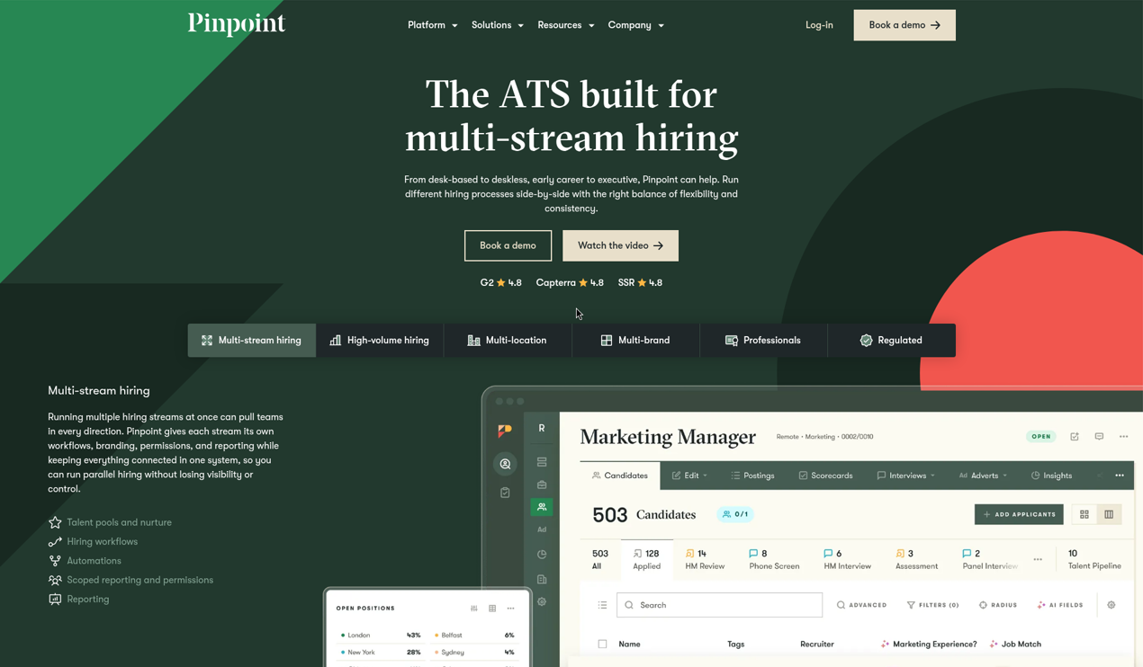 Screenshot of the Pinpoint homepage