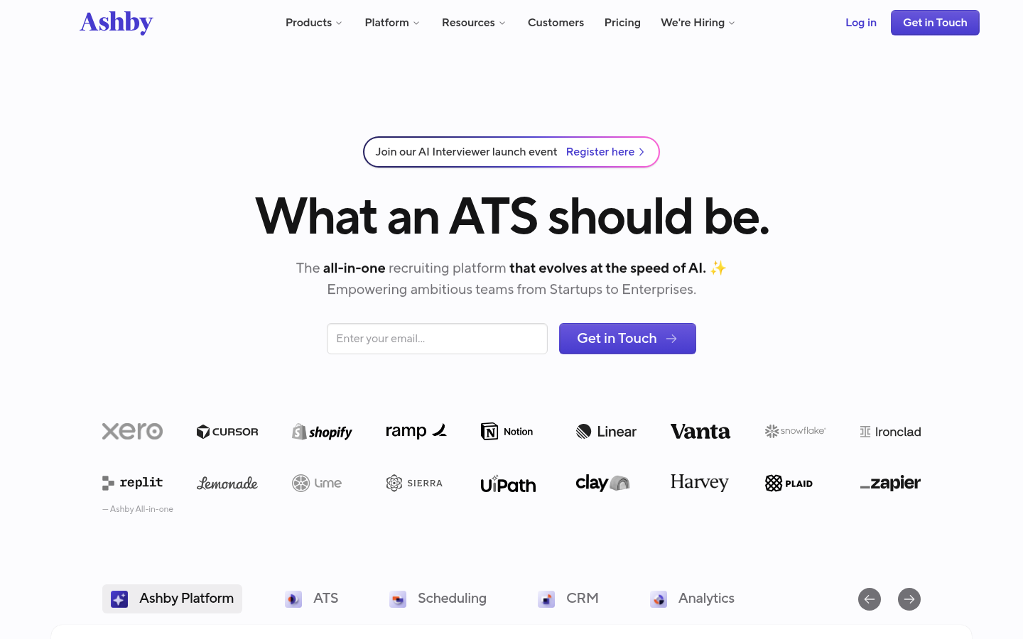 Screenshot of the Ashby homepage