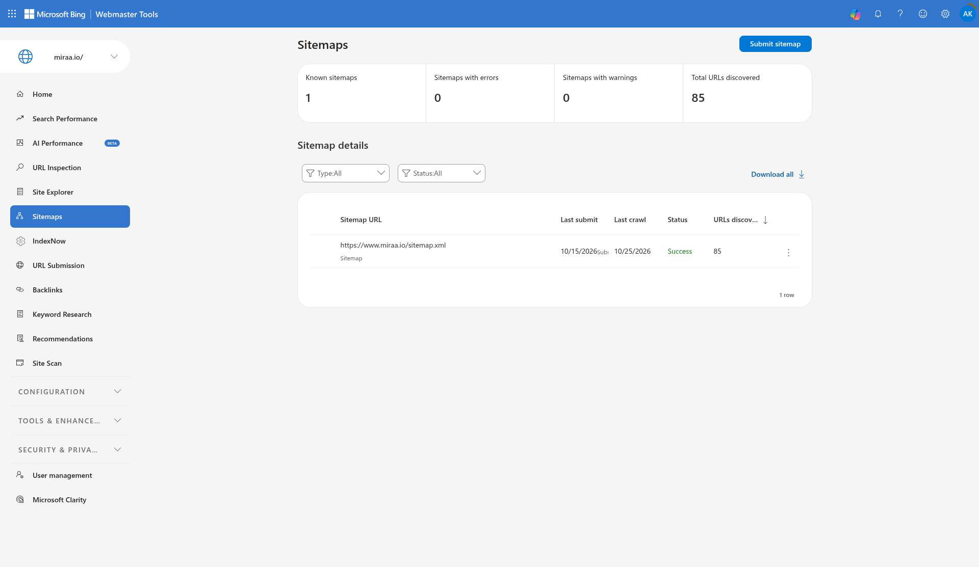 Bing Webmaster Tools sitemaps report for miraa.io