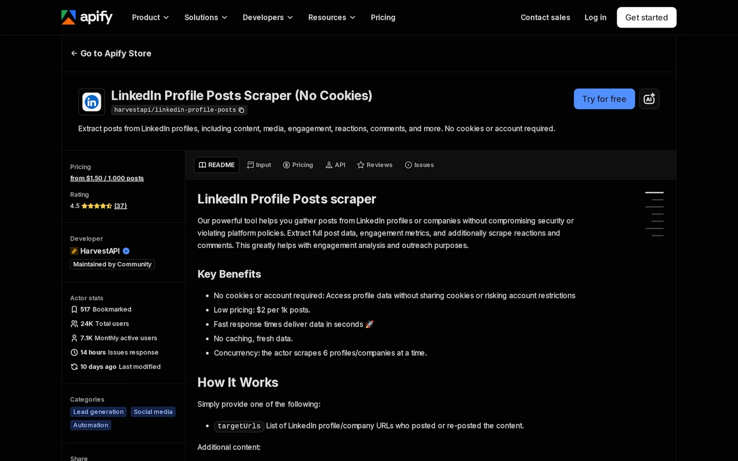 Apify LinkedIn Profile Posts Scraper page showing no-cookie post extraction fields and pricing model