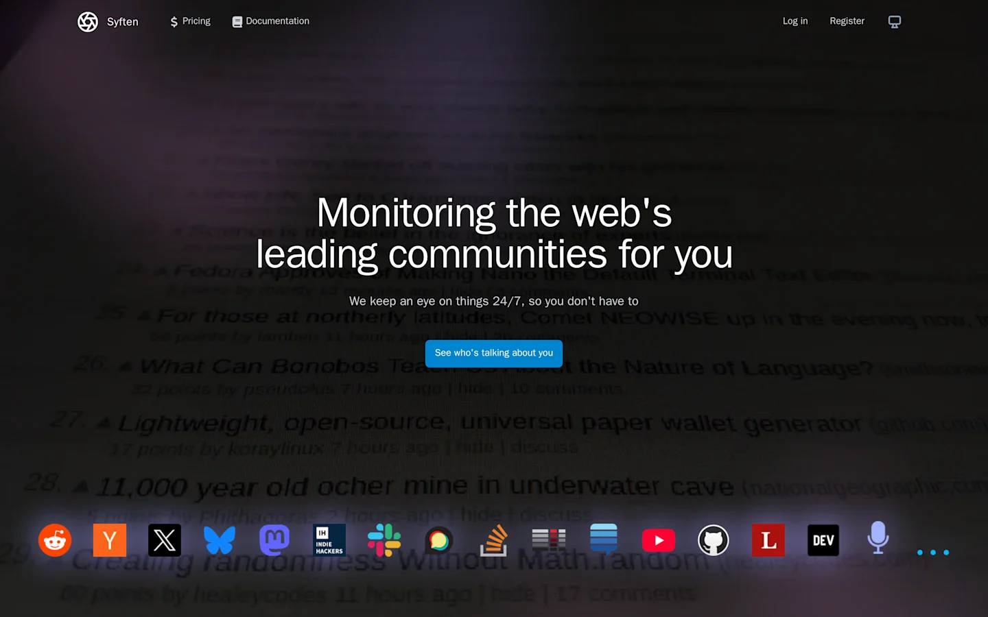 Syften homepage showing monitored community sources and pricing