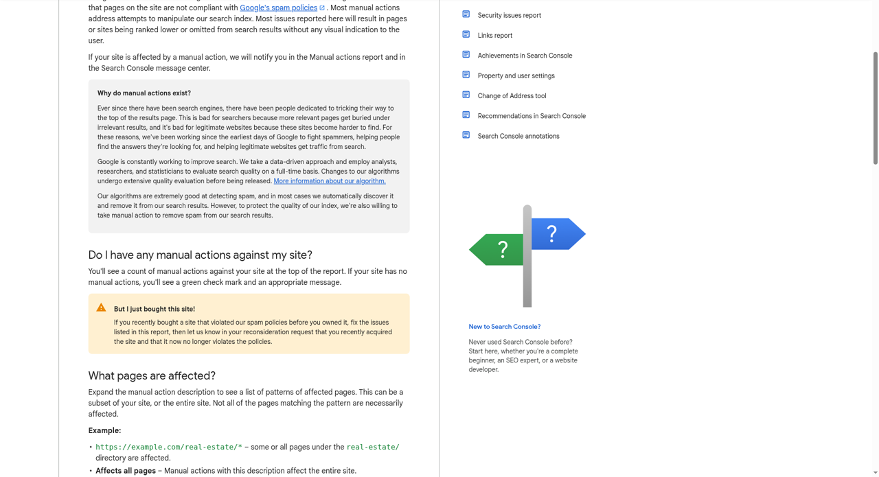 Search Console help: what the Manual actions report shows