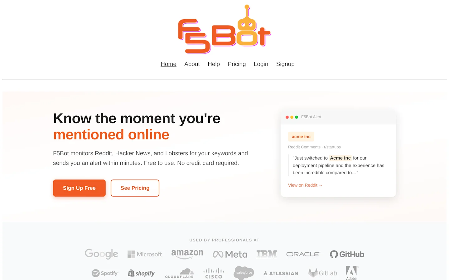 F5Bot homepage showing Reddit keyword alert workflow