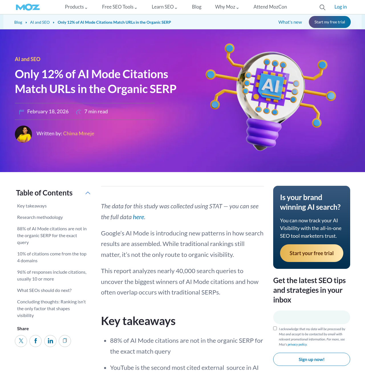 Moz blog post: Only 12% of AI Mode Citations Match URLs in the Organic SERP, February 18, 2026