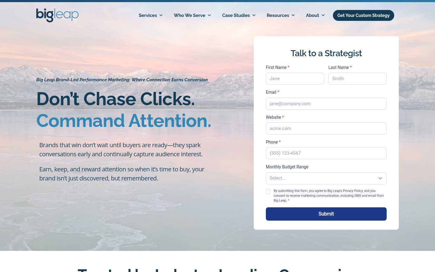 Screenshot of the Big Leap homepage